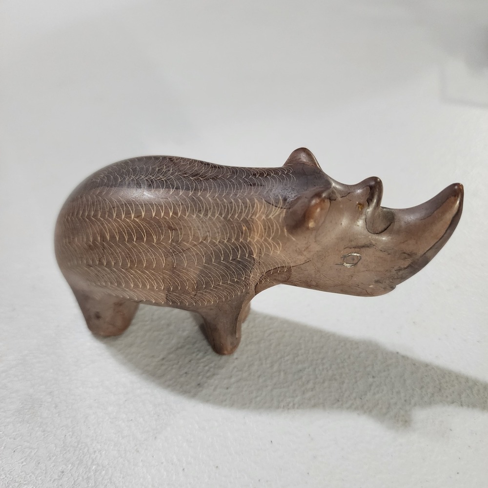 Hand Carved Soapstone Rhinoceros Figurine Etched Stone Rhino Animal Decor 4.5"